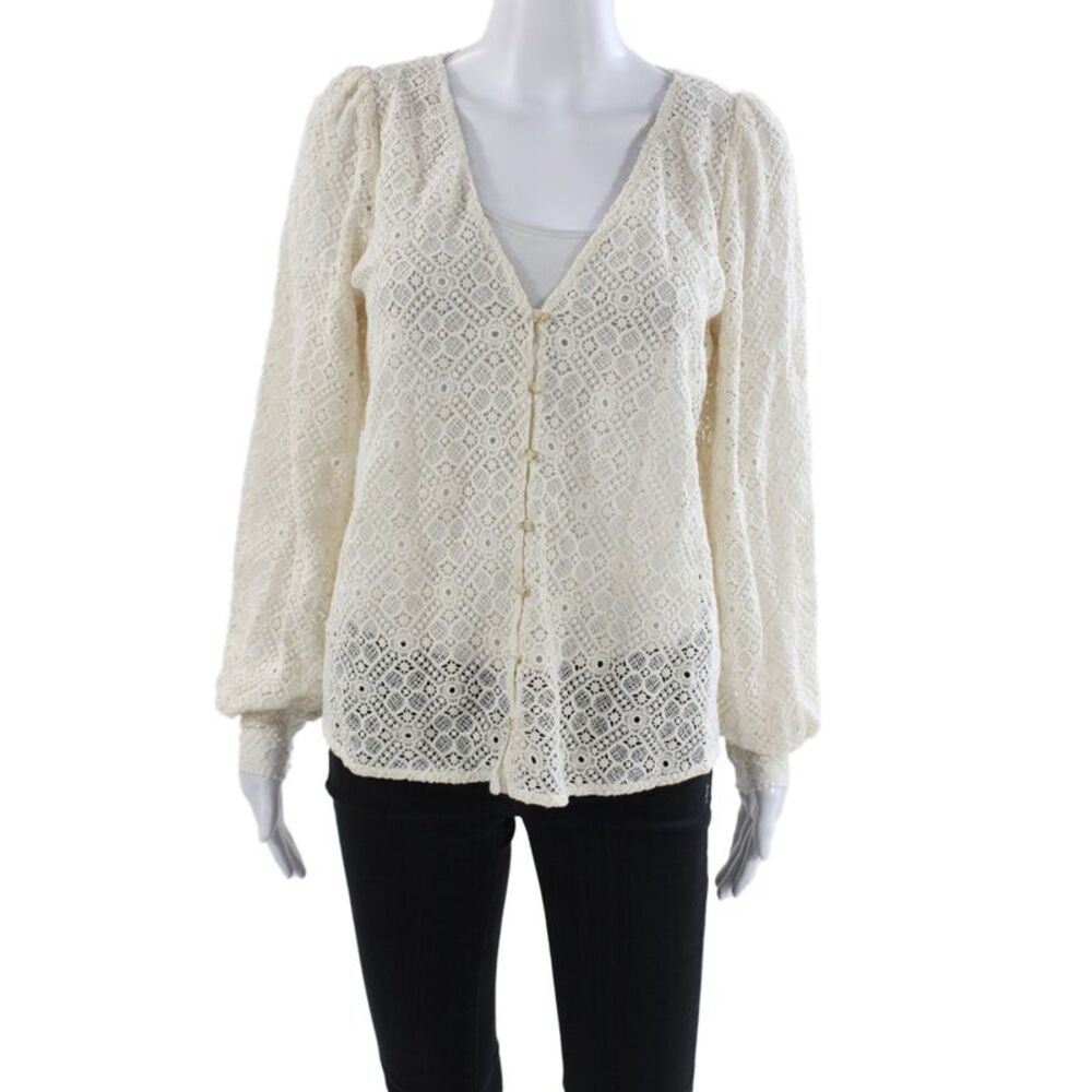 Sezane Womens Tunic Button-Up Beige V-Neck Long Sleeve Geometric Size 38